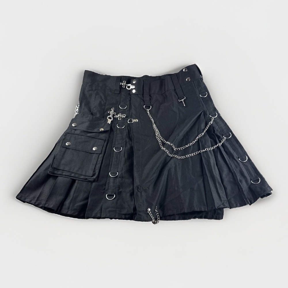Mens Scottish Kilt Size 44 Black Pleated Pockets Chains Gothic Emo Punk Modern